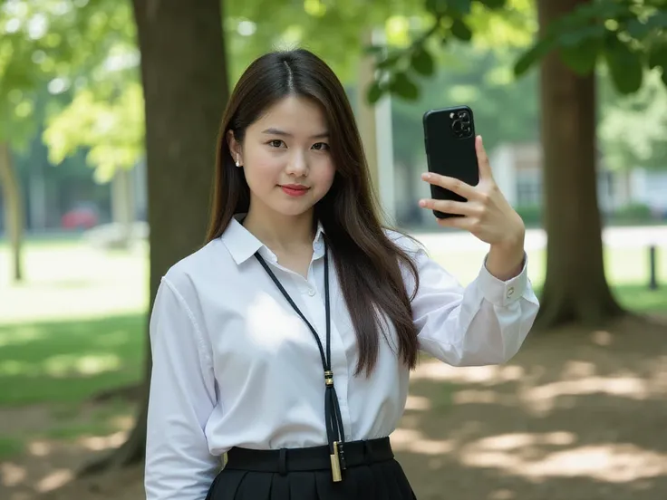 A chubby girl wearing a formal student uniform consisting of a white button-up and see through black lace bra inside shirt shirt and a black skirt, paired with a black belt. She has long, straight hair and is taking a selfie in a mirror, holding a smartpho...