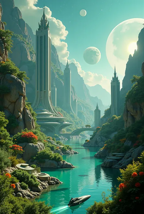 "An ultra-detailed, cinematic depiction of an alien civilization thriving in a futuristic space fantasy landscape. The scene features a spatial futuristic castle towering over a serene, small river pond surrounded by a lush space forest adorned with sage g...