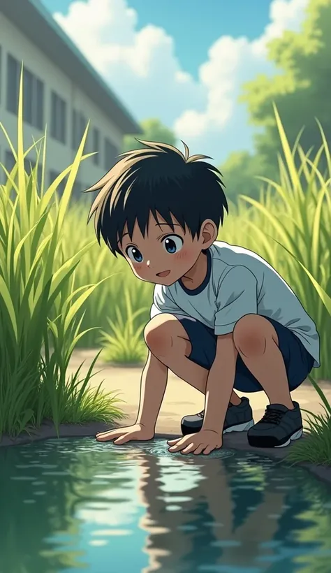 Realistic photo of a Japanese boy playing by a small pond behind his school. The boy is wearing a casual school uniform, crouched by the waters edge, with a curious expression on his face. In the background are tall grasses, a peaceful pond reflecting the ...