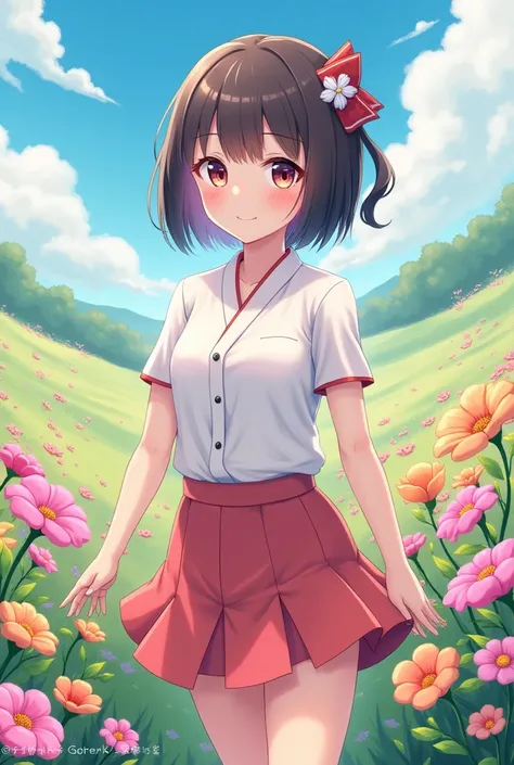 Anime Images、 Japanese girl、 very cute 、Short hairstyle、 miniskirt、Flower field background