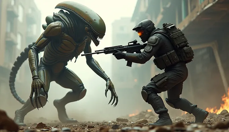 realistic image of"The Alien Hunter Who Met His Match in a Human Soldier