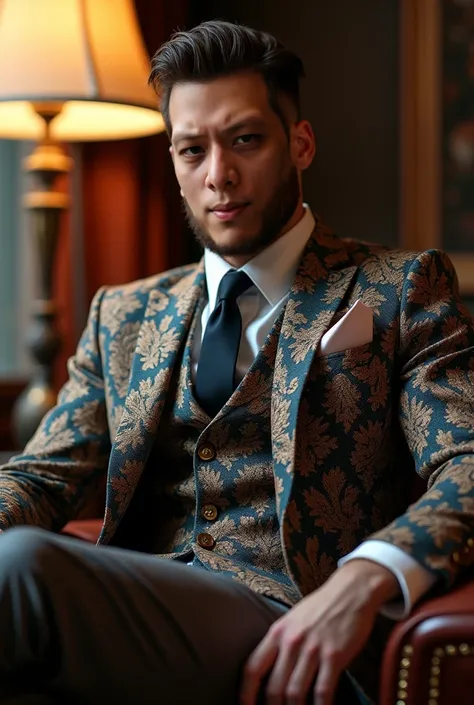 Manly and Majestic muscular man, rugged and rough allure, exquisitely detailed soulful eyes, a man sitting on a red chair in a room with a lamp, ornate suit, intricate suit, mid shot portrait, modern maximalist suit,patterned three piece suit, dashing and ...