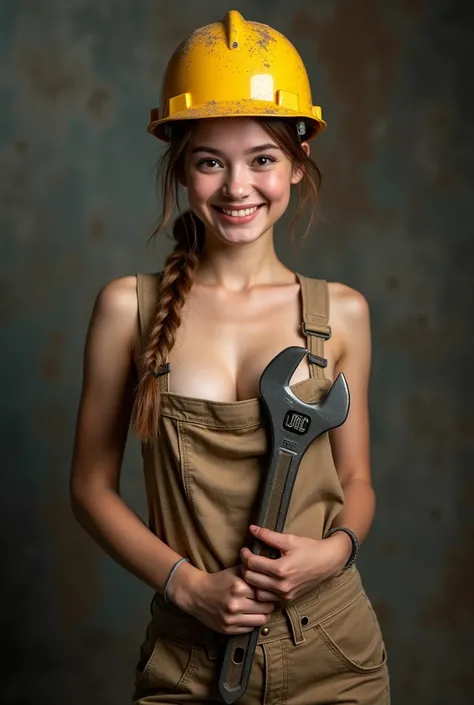 Create an image of an 18-year-old female worker,  Standing and holding a wrench , wearing a safety helmet. Her face and body are stained with dirt .,  and she is smiling with a pretty face .  The image is full body ,  with worker pants but without a shirt ...