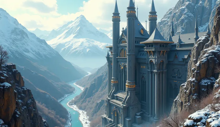 Snowy winter scene, metallic mechanical sci-fi fortress on a mountain cliff, fortified abbey with cybernetic and gothic elements, overlooking a winding river valley, mountain backdrop, adjacent watchtower with four cardinal turrets, abundant snow, golden r...