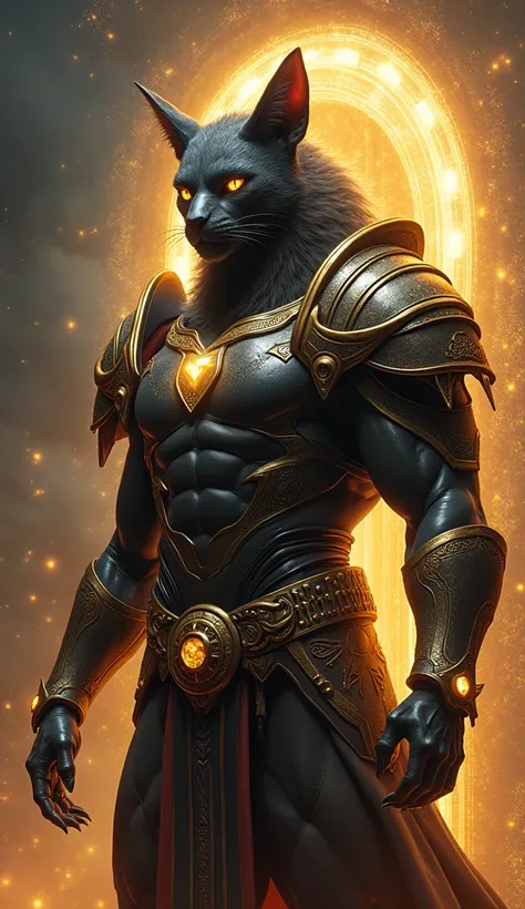 "} A humanoid being originating from Andromeda ,  with feline features that represent strength and cosmic protection .  It is extremely imposing , With a tall body ,  muscular and powerful ,  radiating energy and dominance .  His skin is a dark metallic sh...