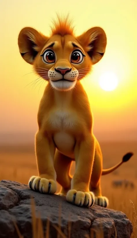 A sleek, young lion with the lean build of an adult but a much smaller size, adorned with oversized, expressive amber eyes and a soft, fluffy golden mane. Its paws are slightly too big for its frame, adding to its playful charm. The lion stands proudly on ...