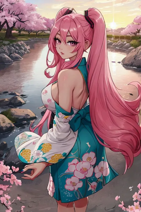 A stunningly beautiful woman with long, flowing pink hair that cascades down her back in soft waves, evoking the iconic essence of Hatsune Miku but with a unique twist. Her facial features blend the delicate, refined beauty of Japanese heritage with the bo...