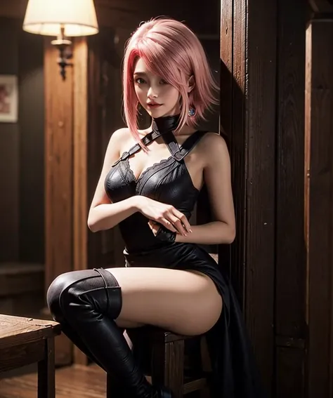 Melissa, pink hair, red linners hair, black panties,1girl, Solo, big boobs, thigh high