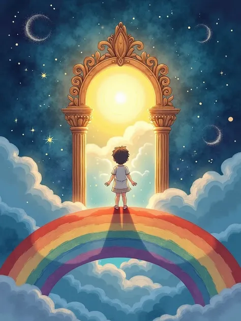 /imagine prompt:A dreamy and enchanting watercolor illustration in a Boho style, rens book cover, featuring a cute young sleepy  standing with their back to the viewer on a rainbow in the universe, looking up at a wonderfull magical gate in the distance. T...