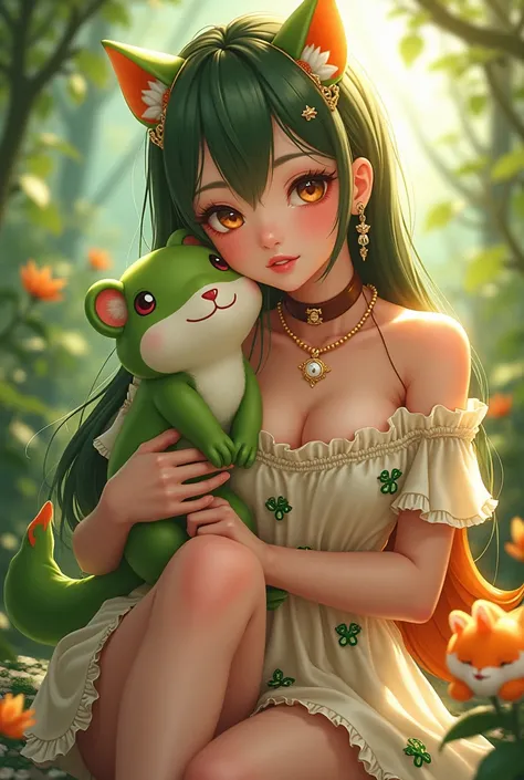  best quality, masterpiece,  detailed background, God-like quality, Godly art, A girl and her pet who aims to become an idol,  Long Separated Green and Orange Hair , Rin々A funny expression,  Strong Brown Eyes , Plump Breasts,  Beautiful Thighs and Calves ,...