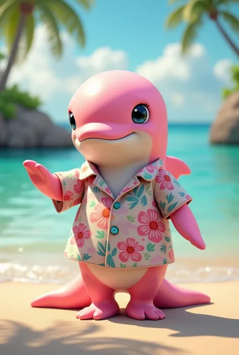 A cute pink dolphin wearing a Hawaiian shirt is taking a coordinating hand