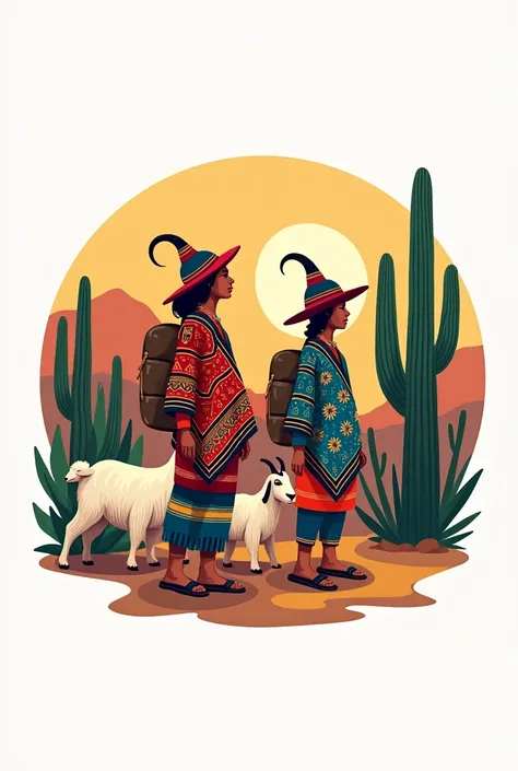 Make me the logo of an indigenous Wayuu family with landscapes of La Guajira, that the logo is round and that thongs, cacti and backpacks, that there are goats and women with blankets