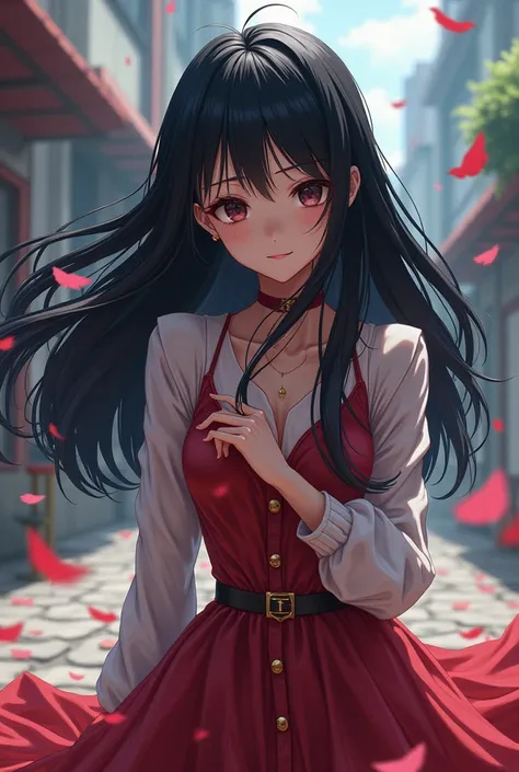 Female anime character ,  with long black hair, 2D anime style ,  Anime aesthetics , BOKU NO HERO ACADEMIA ANIME , piel blanca clara.