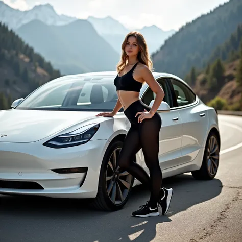 very hot girl puts on black pantyhose 100den with nike sneakers, leaning tesla white model 3 car, background mountains, car on thr road