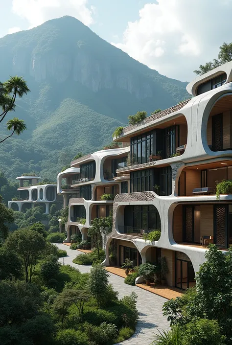 Create futuristic housing with classic European building models mixed with elements of Javanese culture in its buildings for areas settled at the foot of the mountain