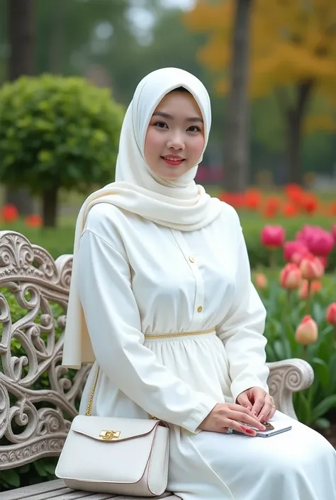 real photo,a beautiful korean woman wear hijab syari bright white with The color uxury lining,,the body is a little fat,clean and Beautiful white face, wear bright white Syrian style Muslim fashion , white long, white womens shoes, Holding a cellphone, wea...