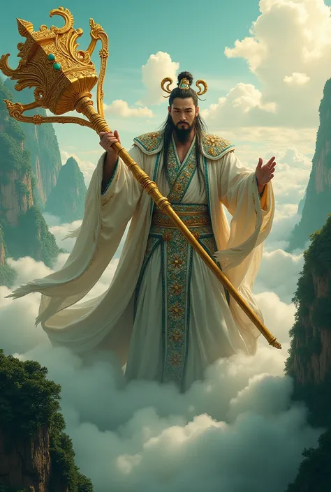 There is a powerful Asian man with a weapon，Golden Cudgel，Ride the clouds，Fairy air，From the fairyland of Chinese mythology ，Green water and green mountains，Kanayama Ginzan，  surrealism, Excellent lighting,Sequins,  is silver，jade，