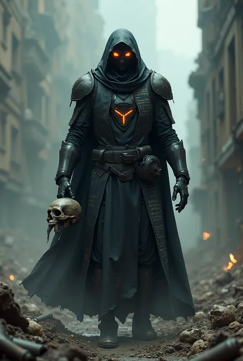 Spectral warrior in futuristic armor with apocalyptic scriptures raincoat and hood ( his face is not seen) (Only his eyes look like fire )  exudes a black aura surrounded by s and skulls behind him there is debris and traces of war and destruction he holds...