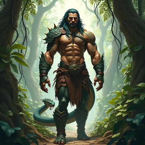 Serpent Man (lamia, Nag) male warrior .  upper body along the human torso,  lower turns into the snakes tail . short leather armor . stands in the jungle.