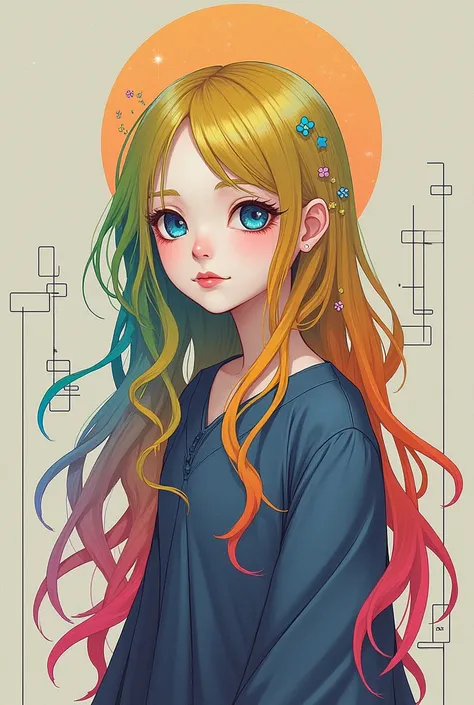 Rainbow Hair、 deformed character、 girl、I will make Japanese-style characters。