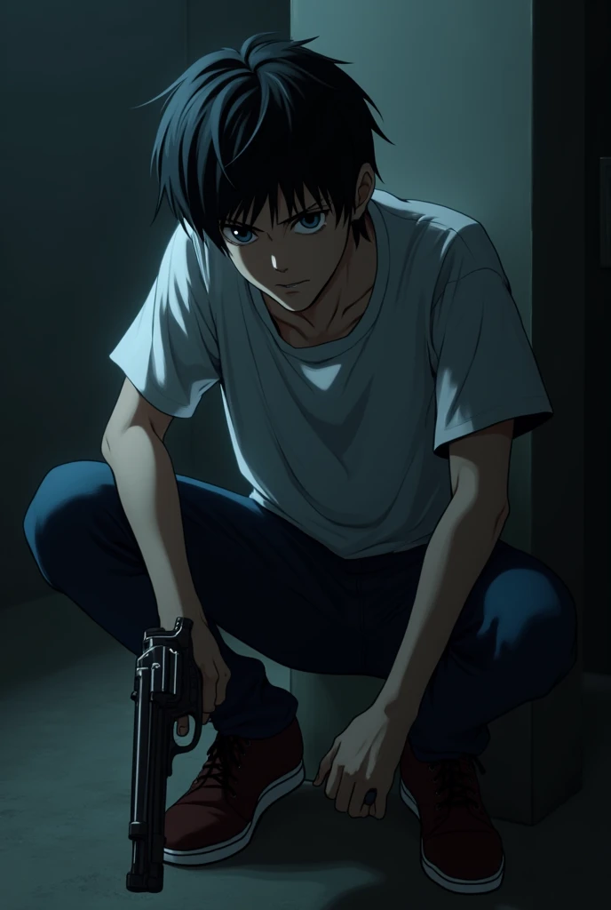 " L of Death Note sitting in his typical posture ,  with his legs bent and arms on his knees ,  holding a gun in his right hand .  The scene has a tense and gloomy atmosphere ,  with L looking to the front with his analytical expression and a Slight shadow...