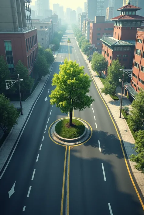 a road that ends with two lines that one line goes to left and another line goes to right . the road should be in a urban area. and i need a tree middle of the road that 2 lines of the road going left and right of the tree.