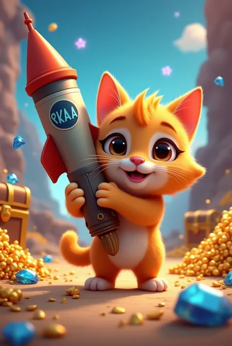 Cute beckoning cat。 holding a rocket launcher in my hand and the letters kaa on the rocket launcher。In the background、There are lots of diamonds, 、treasure、 treasure chests, etc. 。Animated style。Cute。