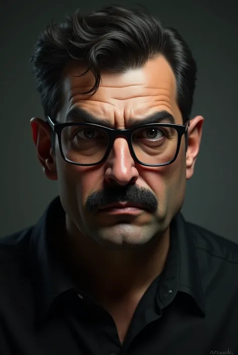 Mahbod Poursolhi with mustache sad and angry with glasses 