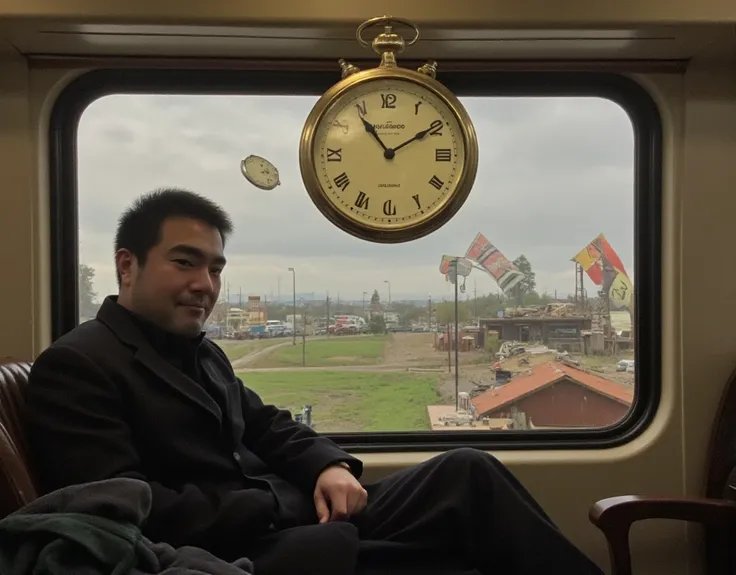 Old train,  Scenery Where Time Is Collapsing ,  Man Seats in His Seat ,  Ruins and Visions of the Future Reflected in the Train Window, Pale, Cold Light ,  Broken Clocks Are Decorated on the Wall ,  Hourglass Floating Around a Man Who Seats ,  Silence and ...