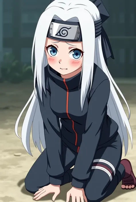 Naruto oc base 1 fille de 15 ans  Cheveux Longs blanc , blue eyes, Konohas Parted Lips Headband,   animeAnimated ninja outfit, She is crying from happiness, elle est est a genoux