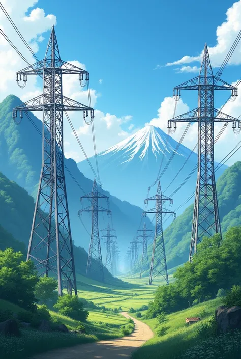 Vision,  Japanese countryside , Mountain, Multiple steel towers, electric wire, 