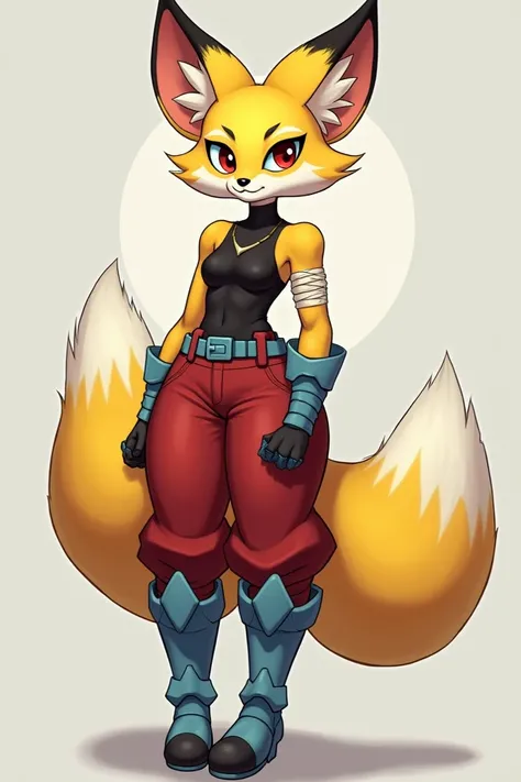 anthropomorphic fennec fox girl with yellow fur, her eyes is red with light blue irises as her ears is large and pointed. her body is slim and curvy with thick thighs, Her tail is short and fluffy. she is wearing a black top and red pants with Light blue a...