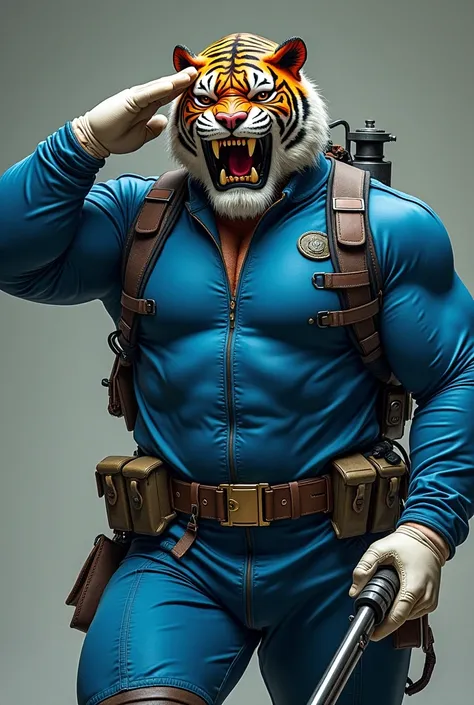 (A rugged beefy very muscular bulky old man), (wearing blue zipper wetsuit), (wearing realistic roaring tiger mask), saluting,  wearing bulky scuba gear, wielding a rifle, muscular physique, toned muscles, fierce, heroic, action, comic artstyle, bulky best...