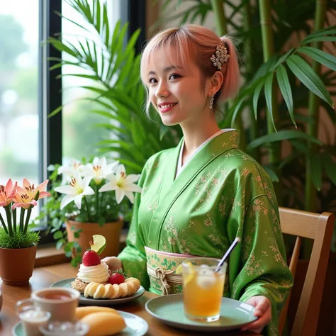 A professional, high-resolution realistic photograph of a young woman with an elegant hourglass figure, perfectly proportioned with balanced bust and hips. She is in a Japanese cafe, wearing a vibrant green kimono with intricate patterns and a delicate hai...