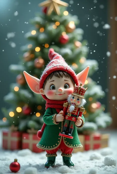 Little white elf with nutcracker and Christmas tree 