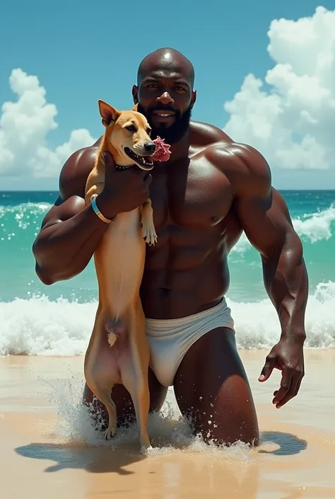 Draw extra muscle black man in beach eating a REAL dog