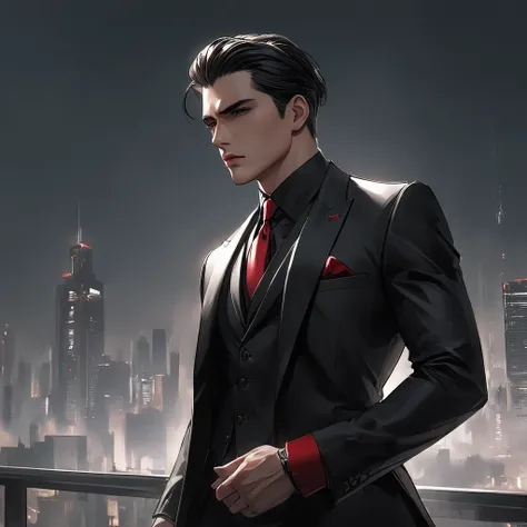 Neo-noir Futuristic art style, waist-up view, semi-realistic anime-style man. Black hair, neatly slicked-back with slight volume on top, parted left, showing a clean line. Warm brown skin, exuding Javanese ethnicity. Aged 25, with a short, well-groomed dar...