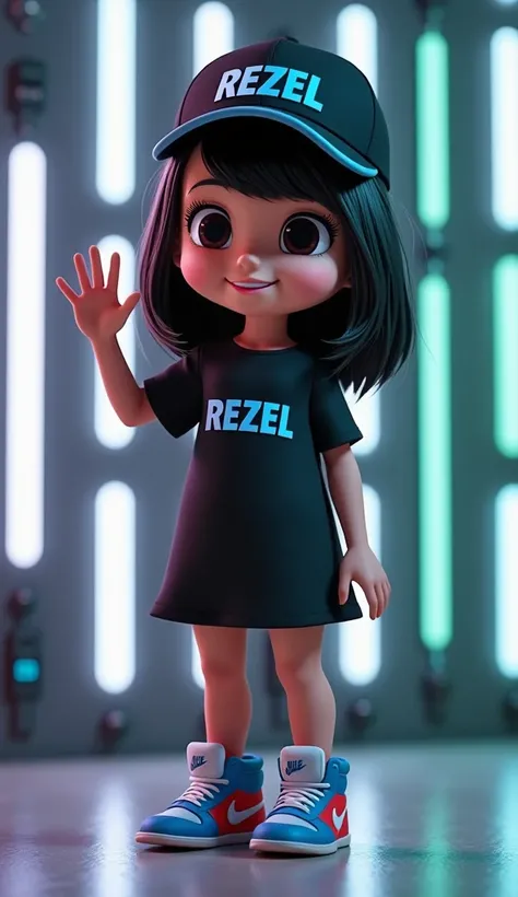 3D cartoon image of a teenager girl with shoulder lenght black hair, wearing black dress with name "REZEL" in front of her dress, wearing a  black cap with "REZEL" in blue letters, and blue and red Nike sneakers. She is gently smiling, and she is waving wi...