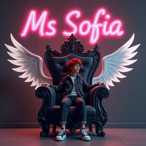 Create a 3D illustration for a profile picture where a  smart girl in a black  denim sitting casually on a King of Beasts Throne big chair. Wearing sneakersm He looks left side. The Background features “Ms Sofia” in big and small letters pink  neon light f...