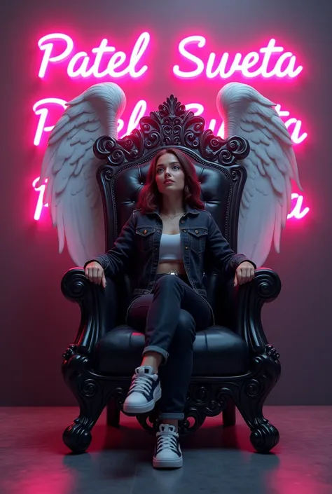 Create a 3D illustration for a profile picture where a  smart girl in a black  denim sitting casually on a King of Beasts Throne big chair. Wearing sneakersm He looks left side. The Background features “patel sweta ” in big and small letters pink  neon lig...