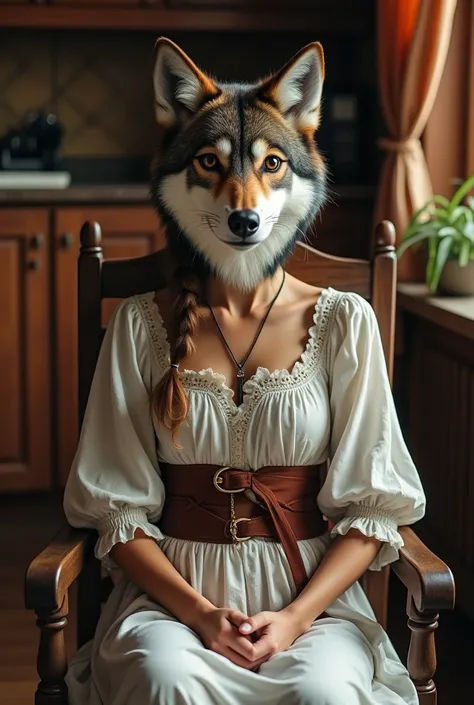 Wolf,(wearing grandmothers clothes), Cabin background,Sitting in a chair