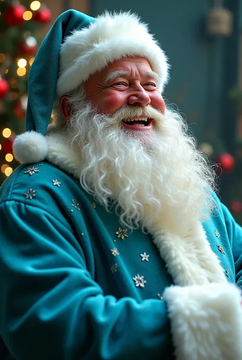  Santa Claus in a turquoise-like blue costume, laughing,  full suit,  wearing a hat the same color as the suit and the image of a real character. Not Asian, But American type 