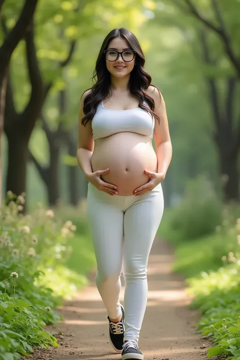 Beautiful and very cute girl using big boobs glasses really tight white pants black shoes white skin color she is pregnant again her belly is getting gigantic even bigger and she is in the park for sports