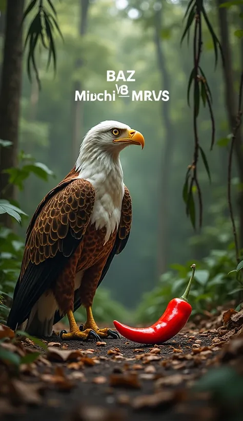 "A powerful eagle standing on the ground, staring intensely at a bright red chili pepper lying directly in front of it, as if preparing for an epic showdown. The scene is set in a dense jungle with tall trees, hanging vines, and a wild, adventurous atmosph...