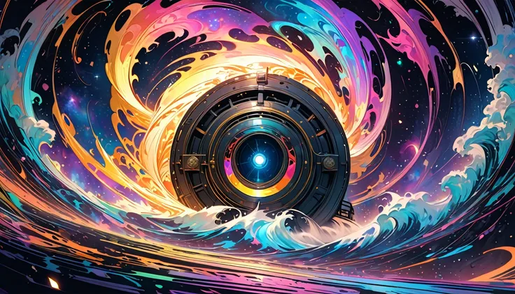 An ethereal train adorned with celestial patterns and divine symbols of Hindu gods bursting through a colossal ornate gate with swirling mystical energy, The train depicted in full color with hints of ethereal light appears to cut through the very fabric o...