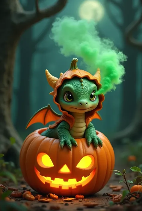 "A baby dragon dressed in a pumpkin costume, sitting inside a glowing jack-o-lantern. The dragon breathes a small puff of green smoke, with a spooky forest in the background."