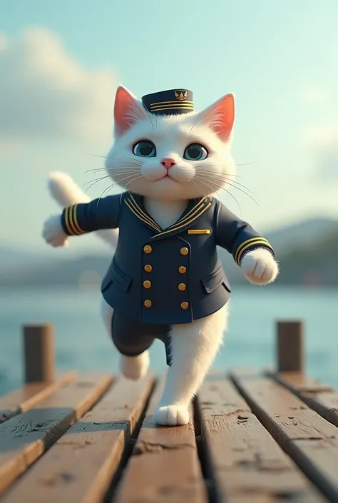 A large white cat wearing a navy captains uniform and black pent and hat, running across a weathered wooden dock towards the water, with a subtle, realistic sky backdrop ,  The image should capture the cartoonish yet photorealistic style, conveying motion ...