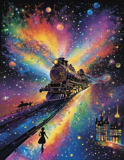 Shadow art, silhouette art, everything except the shadows is colored with colored cellophane, A fairy tale steam locomotive emerges from the center of the nebula, (Fairy tale steam locomotive running through the starry sky of space), Windows here and there...