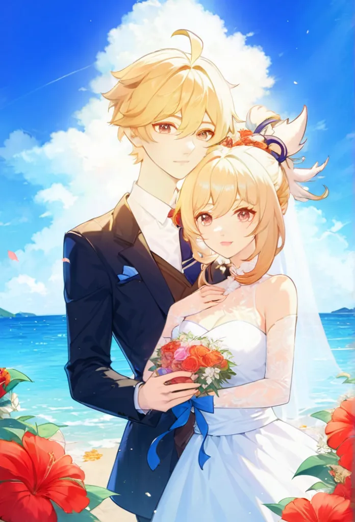 anime wedding couple standing on the beach with flowers, shoujo romance,  aether genshin impact, lovely couple, bride and groom,...