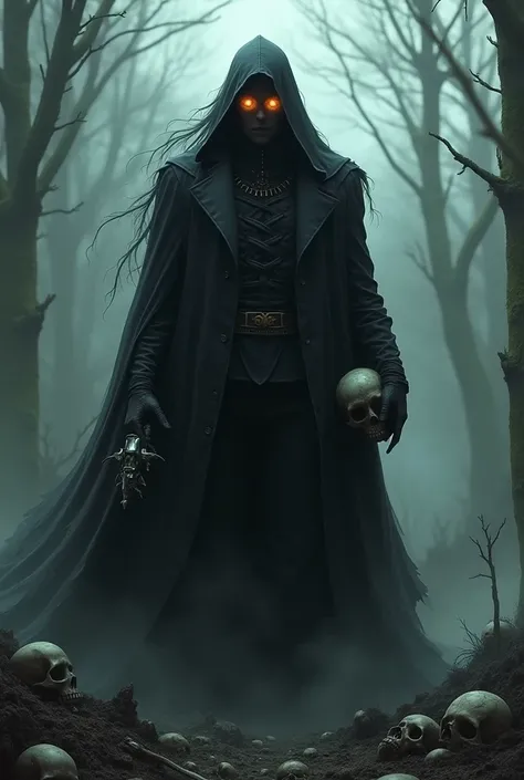  ghostly warrior  ( his face is not seen) (Only his eyes look like fire ) (exudes a black aura  )  surrounded by s and skulls behind him there is a battlefield and traces of war and destruction he holds a skull in his hand and frock coat
